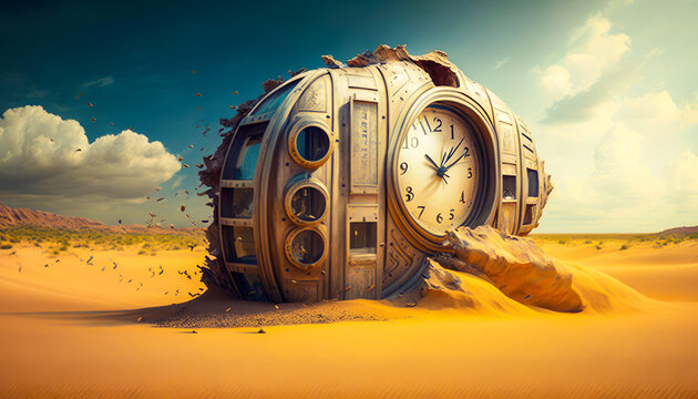 An image of clock in the desert. Generative AI.