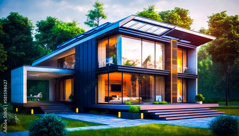 Poster 3d rendering of modern house in the woods. generative ai.