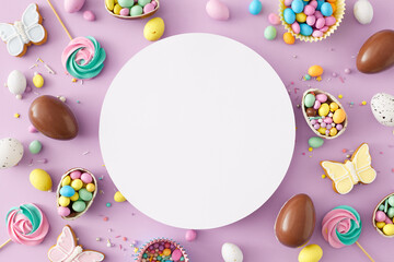 Fototapeta na wymiar Easter concept. Top view composition of white circle chocolate eggs сolorful dragees cookie sprinkles and meringue lollipops on pastel lilac background with blank space