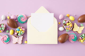 Sweets easter concept. Top view photo of open envelope with white card chocolate eggs сolorful candies gingerbread sprinkles and meringue lollipops on isolated violet background