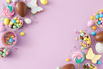 Easter decoration idea. Top view photo of chocolate eggs with сolorful dragees gingerbread sprinkles and meringue lollipops on pastel lilac background with empty space in the middle