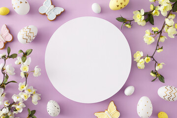 Easter decor concept. Top view composition of white circle colorful eggs butterfly cookies cherry blossom branch on pastel lilac background with blank space