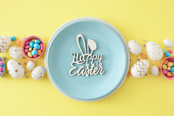 Easter concept. Flat lay photo of blue plate with inscription happy easter bunny ears colorful eggs...