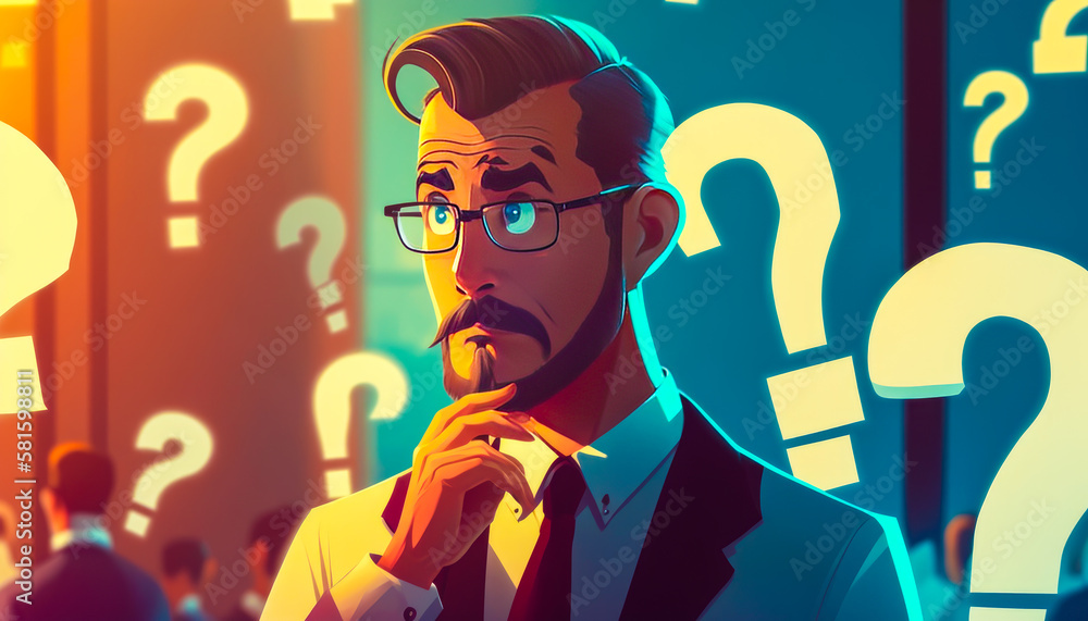 Poster an illustration of man with many question marks. generative ai.