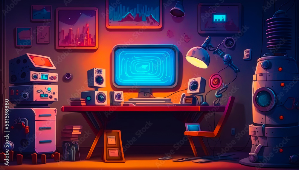 Poster an illustration of computer desk with various items on it. generative ai.