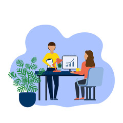 People in the office analyze the work. Vector illustration.