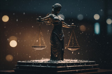 Scales of Justice symbolizing the measure of a case's support and opposition in a court of law. The goddess of justice Themis. Generative AI