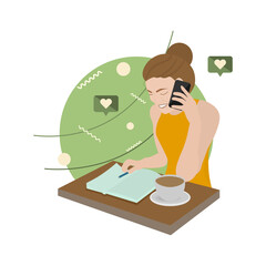 The girl works in a cafe. Vector illustration.