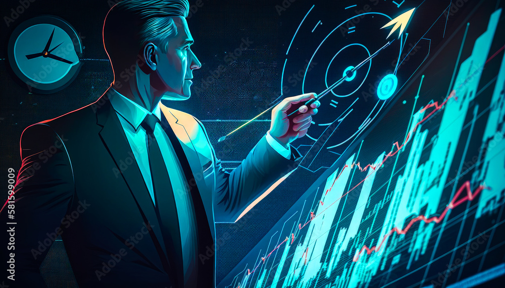 Poster an illustration of man in suit pointing at graphs. generative ai.