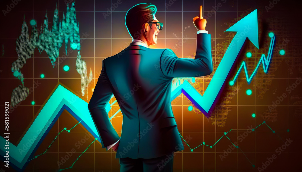 Poster man in business suit pointing up at an upward graph. generative ai.