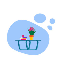 Coffee table. Flowers and books on the table. Vector illustration.