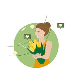 A girl with flowers in her hands. Vector illustration.