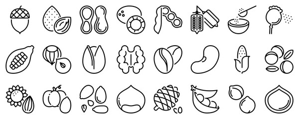 Line icons about nuts and seeds on transparent background with editable stroke.