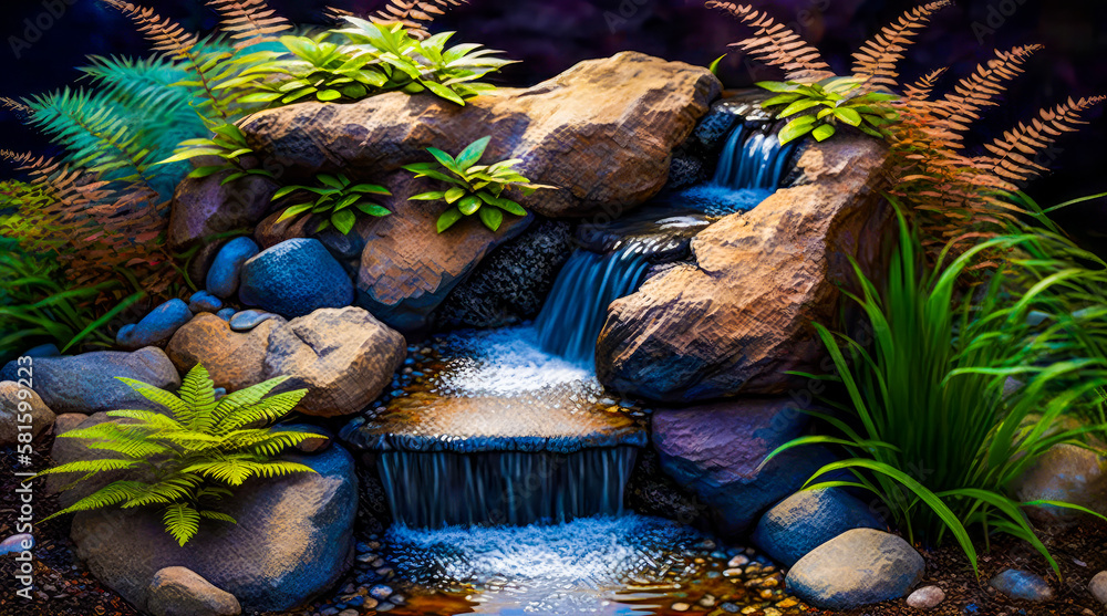 Poster an image of waterfall with rocks and ferns. generative ai.