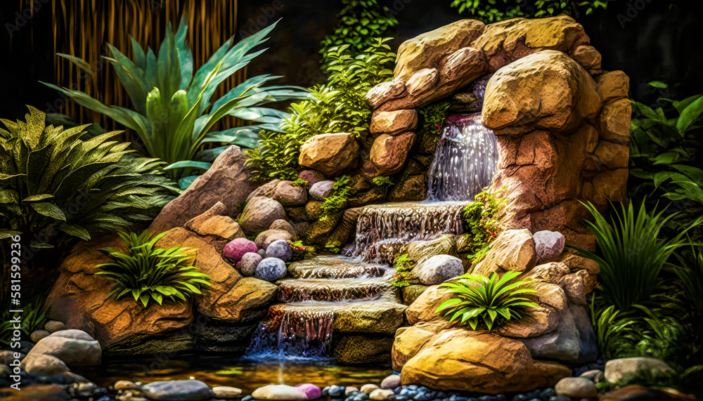 Poster an image of waterfall with rocks and plants. generative ai.