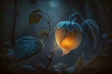 Digital Illustration of Magical, Glowing Physalis Plants in the Forest. Concept Illustration, Mystery Fantasy Fairytale. Made in part with generative ai.
