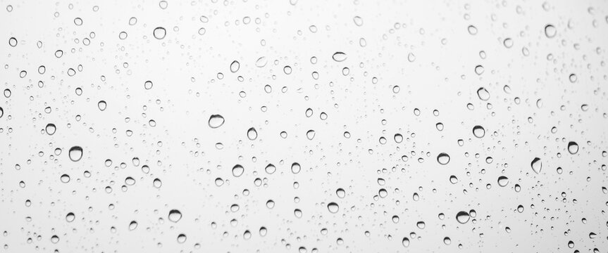 Minimal grayscale backdrop with rain droplets on white glass. Light wet window with rainy drops closeup in black-white. Blurry minimalist monochrome background of window glass with raindrops close up.