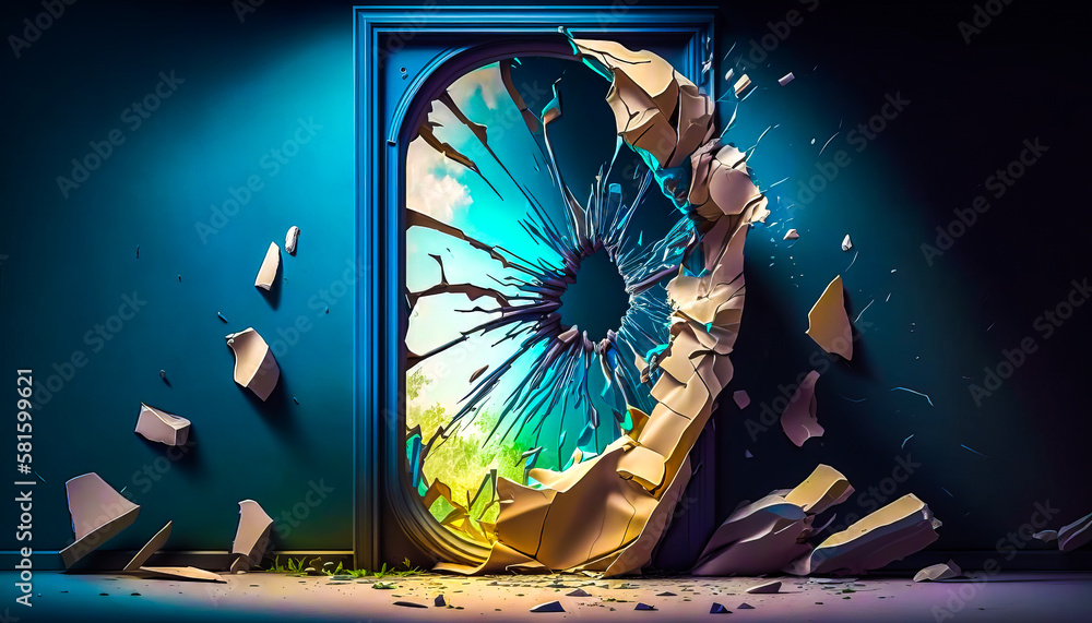 Poster an open door with broken window and shattered glass. generative ai.
