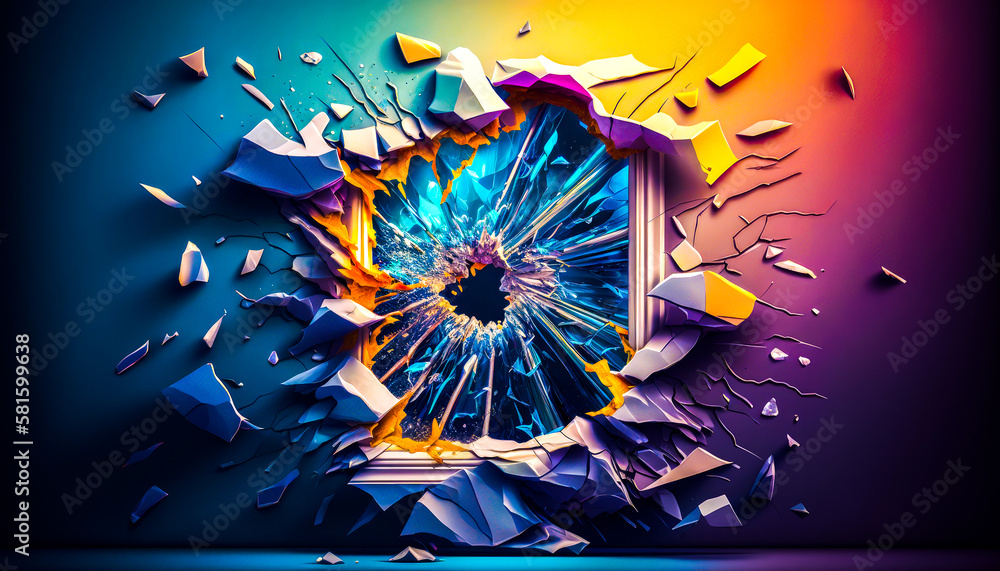 Poster an image of broken window with colorful background. generative ai.
