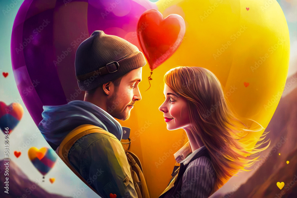 Poster man and woman standing in front of heart shaped balloon. generative ai.