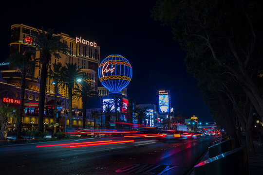 Beautiful out-of-focus strip road tracers. Night view of Las Vegas cityscape with gorgeous defocused light tracers of cars on Strip Road. Nevada, Las Vegas. USA. 