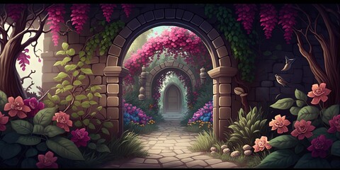 A digital painting of a hidden fairytale garden with lush greenery and flower arches, Generative AI - obrazy, fototapety, plakaty