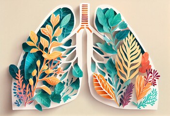 Watercolor Illustration of a Paper Cut Lungs Floral Illustration. Colorful Medical Body Organ Papercut Design. Generative AI