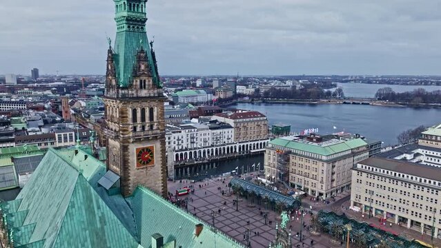 Aerial view revealing Hamburg Town hall and The Alsterarkaden (Die Alsterarkaden) , Kleine Alster , Hamburg , Germany