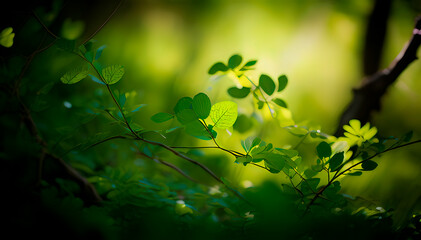 minimalistic landscape, macro photography of a green twig, soft focus, blurred background, space for text, generative ai