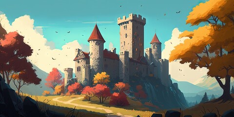 A medieval castle illustration with knights, colorful trees, and vast blue sky, Generative AI
