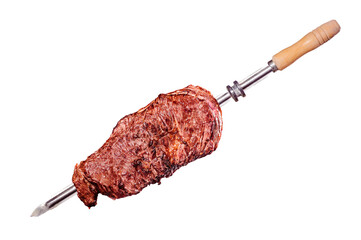 A brazilian traditional barbecue grilled flank steak on the stick - Fraldinha no espeto - obrazy, fototapety, plakaty
