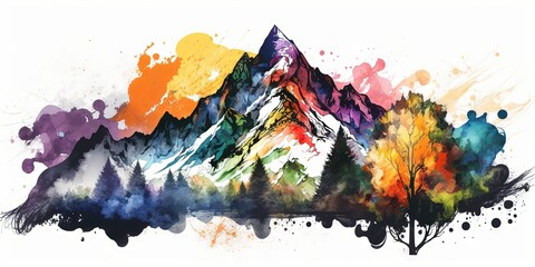 Watercolor background with abstract colorful mountain, trees, and peak landscape illustration, Generative AI