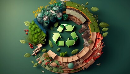 Recycle, reduce, reuse and repair. Creative images about recycling, waste reduction and reuse. Original composition of caring for the environment and recycling. The three R's. Generated by AI.