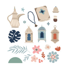 Fototapeta na wymiar Set of hand drawn illustrations for Ramadan Kareem holiday. Islam, muslim religion concept. Isolated vector objects. Quran, prayer beads and palm leaves with flowers. Dallah coffee pot, lanterns.