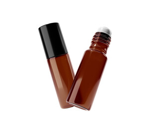 Clear Brown Roll On Glass Bottle isolated on transparent background, prepared for mockup, 3D render.