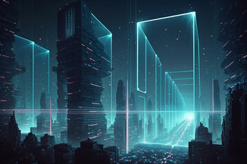 Neon city skyline metaverse ai generated