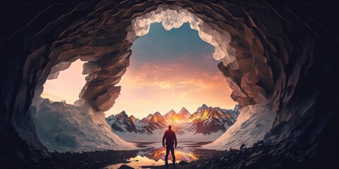 An adventurous man stands in an ice cave with rocky mountains in the background Aerial image of British Columbia landscape, Generative AI