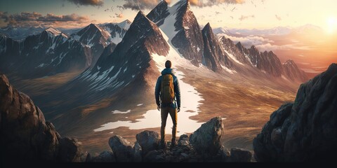 A daring hiker stands atop a peak, with rocky mountains as a background Aerial view from Yukon, Canada at sunset, Generative AI - obrazy, fototapety, plakaty