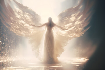 Etheral angel opening wings volumetric light, generative ai. - obrazy, fototapety, plakaty