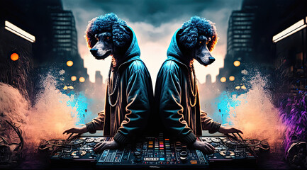 Two poodles are DJs and play at parties in the city. Generative ai illustration