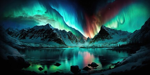 Aurora borealis presents a beautiful northern lights landscape, Generative AI - obrazy, fototapety, plakaty