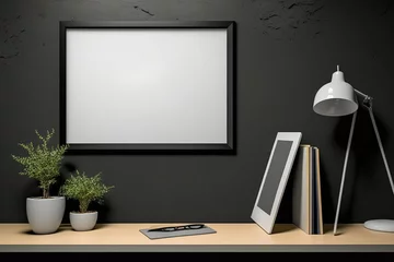 Foto op Canvas Mockup of a horizontal poster frame on a black table in a home studio with a concrete wall. clipping path around poster image, front view. illustration. Generative AI © Sona