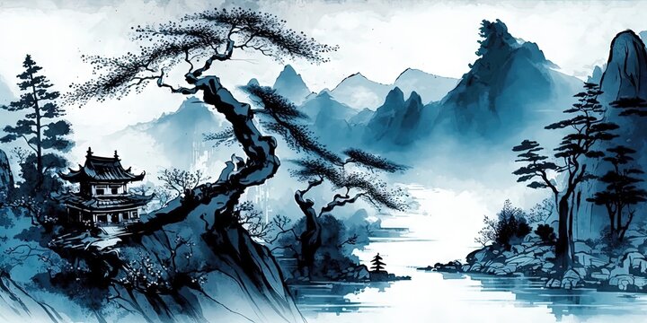 An Asian-style painting of a landscape in blue ink with oriental colors, Generative AI