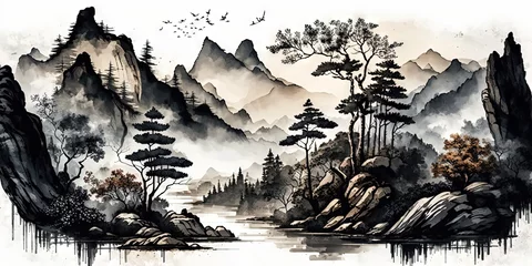 Foto auf Acrylglas Traditional Chinese ink landscape painting and watercolor piece featuring serene mountainscapes, Generative AI © Oleksii