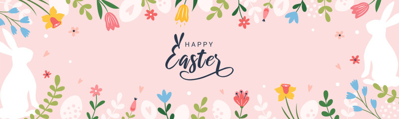 Obraz premium Happy Easter. Horizontal banner, greeting card, poster, holiday cover. Modern beautiful design with typography, flowers, easter eggs, branches. Vector festive banner.