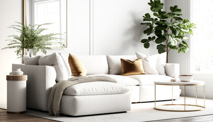  Bright Livingroom with a Couch as a focus point , minimal design Comfy Livingroom, Bright Living space. Generative AI
