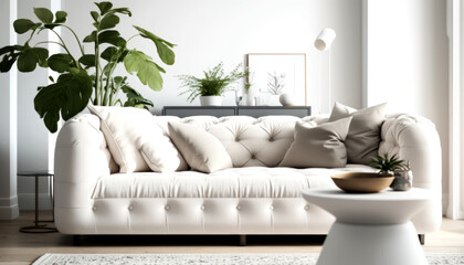  Bright Livingroom with a Couch as a focus point , minimal design Comfy Livingroom, Bright Living space. Generative AI
