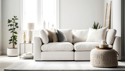 Fototapeta premium Bright Livingroom with a Couch as a focus point , minimal design Comfy Livingroom, Bright Living space. Generative AI 