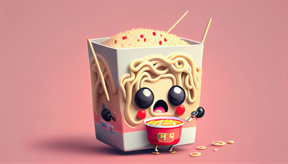 3D Illustration of cute noodle ramen character. Generative AI.