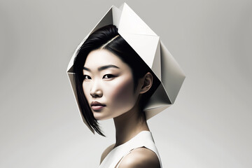 Close-up portrait of a beautiful young Asian woman with a futuristic hat - isolated, copy space, not based on a real person, Generative AI